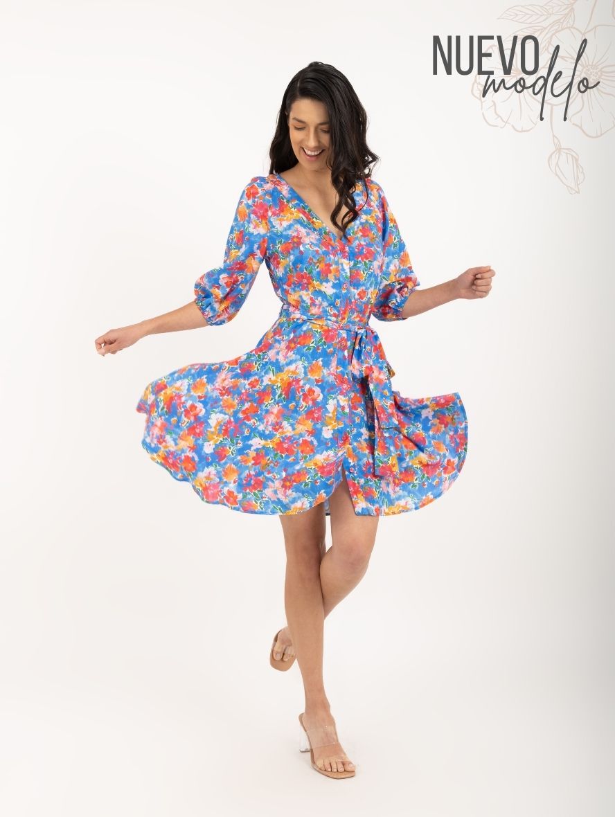 Vestido estampado floral tipo camisero con manga 3/4