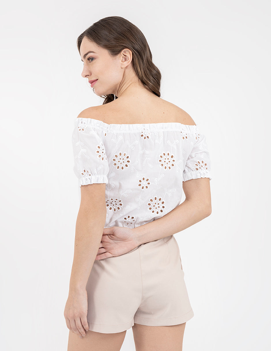 Blusa off shoulders con elástico en cintura y hombros (disponible en rosa e ivory/blanco)