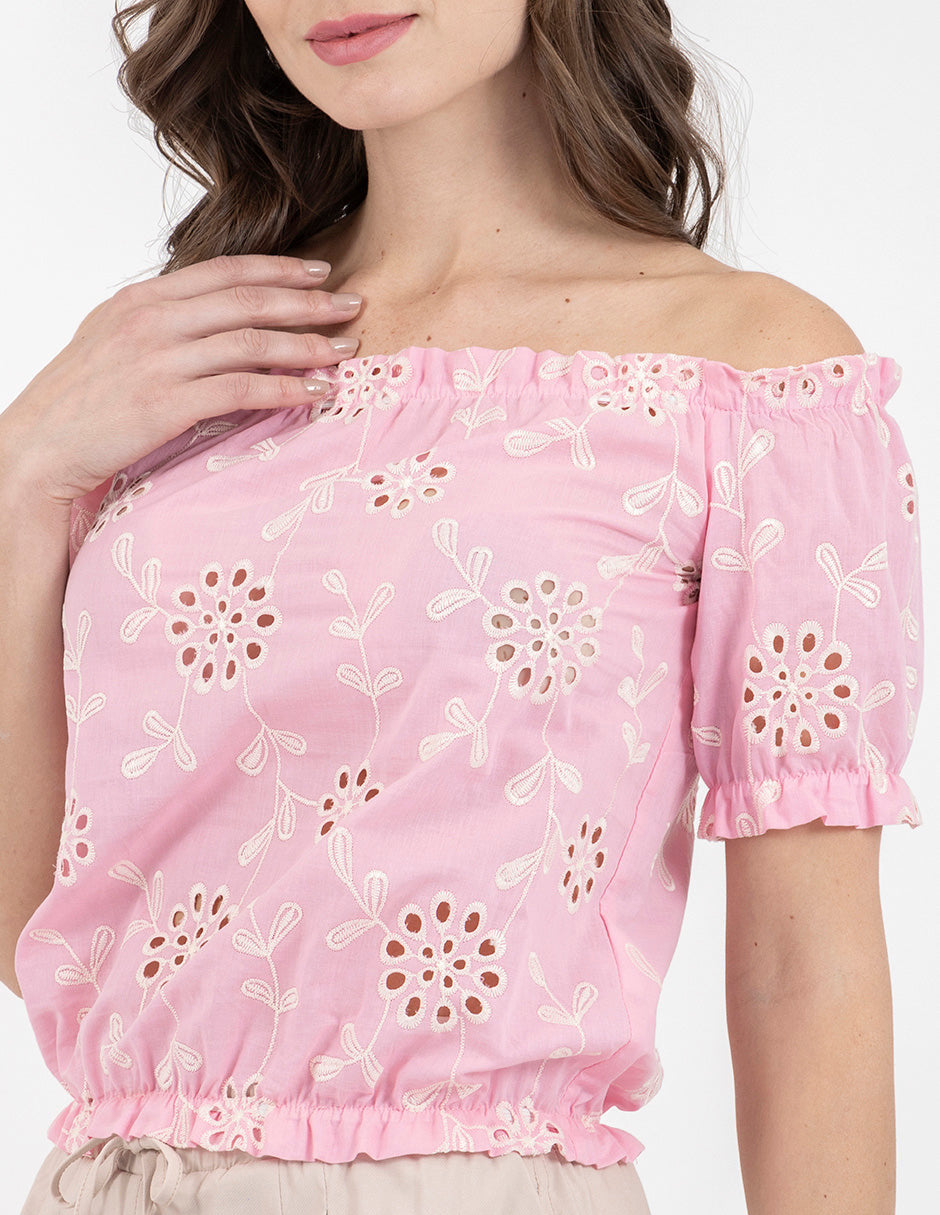 Blusa off shoulders con elástico en cintura y hombros (disponible en rosa e ivory/blanco)