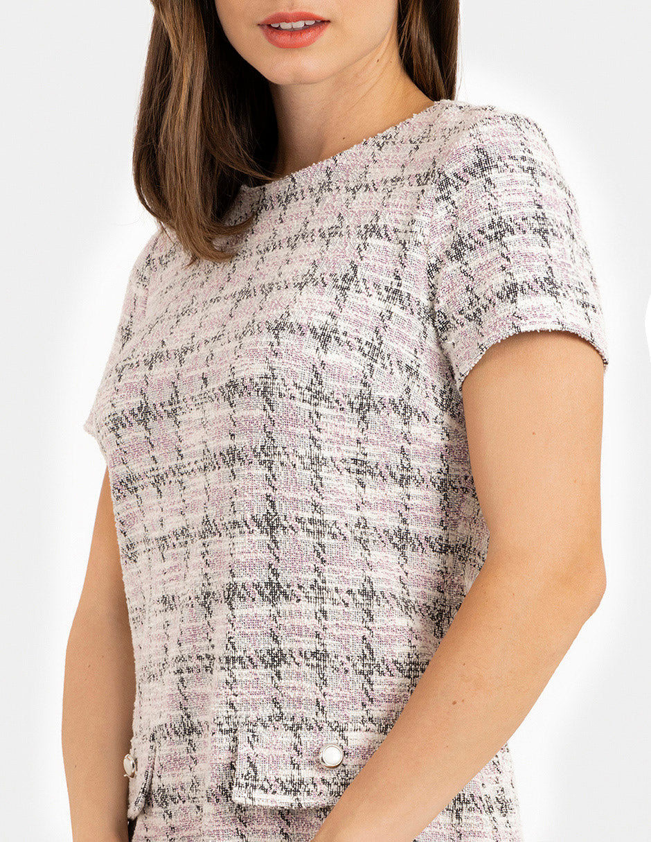 Vestido tweed estampado con strech y manga corta