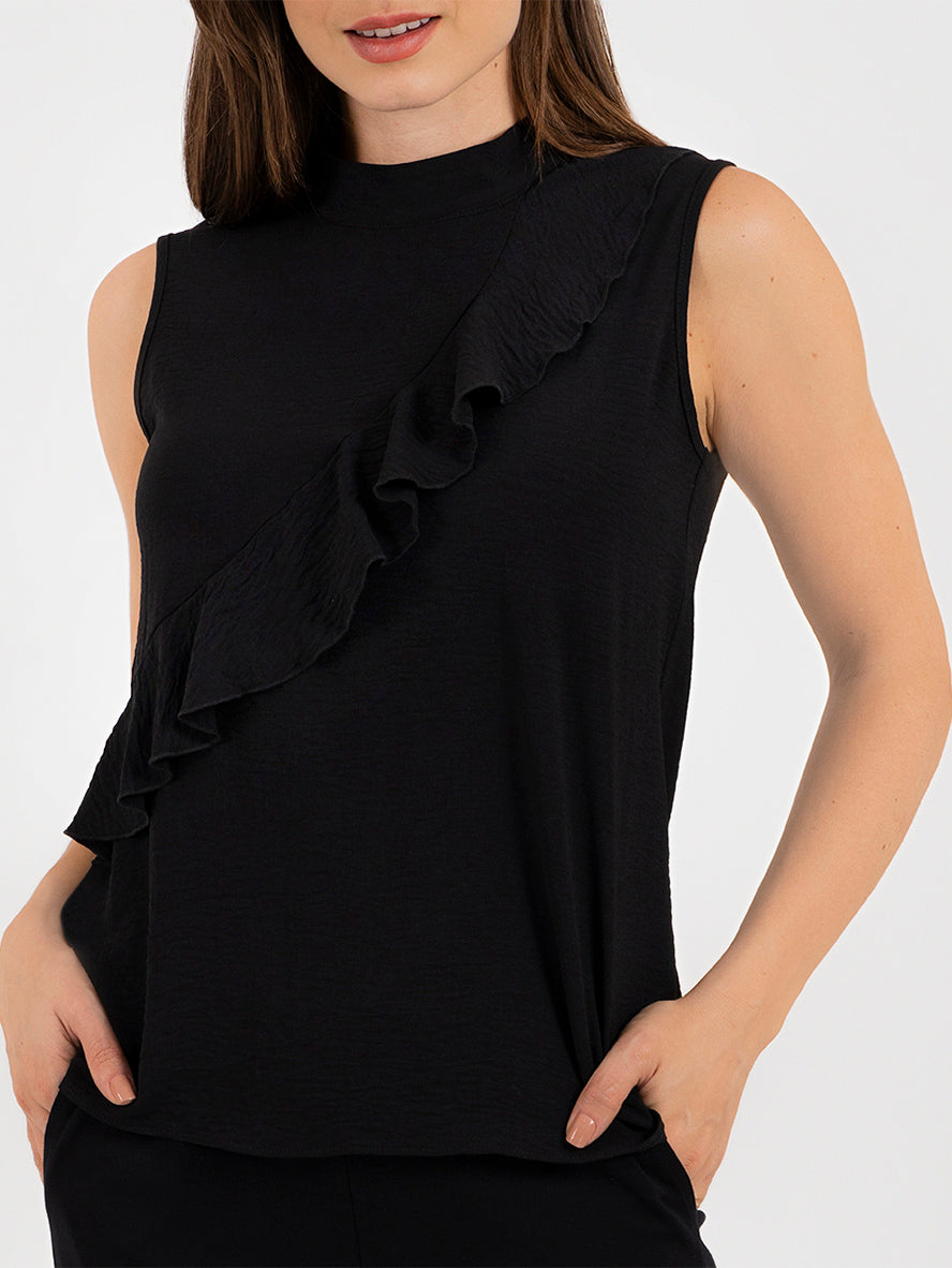 Blusa sin mangas con detalle de escarola en frente (disponible en negro y mostaza)