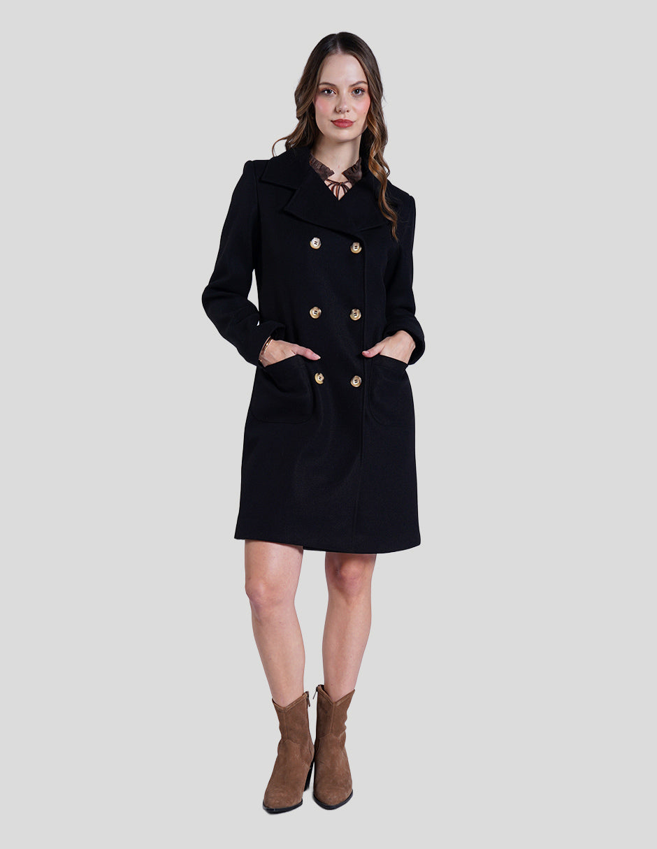 Abrigo largo negro con botones – GRUPO SALSA SA de CV