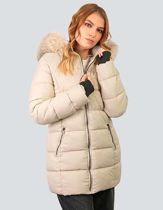 Chamarra larga  beige con capucha desmontable