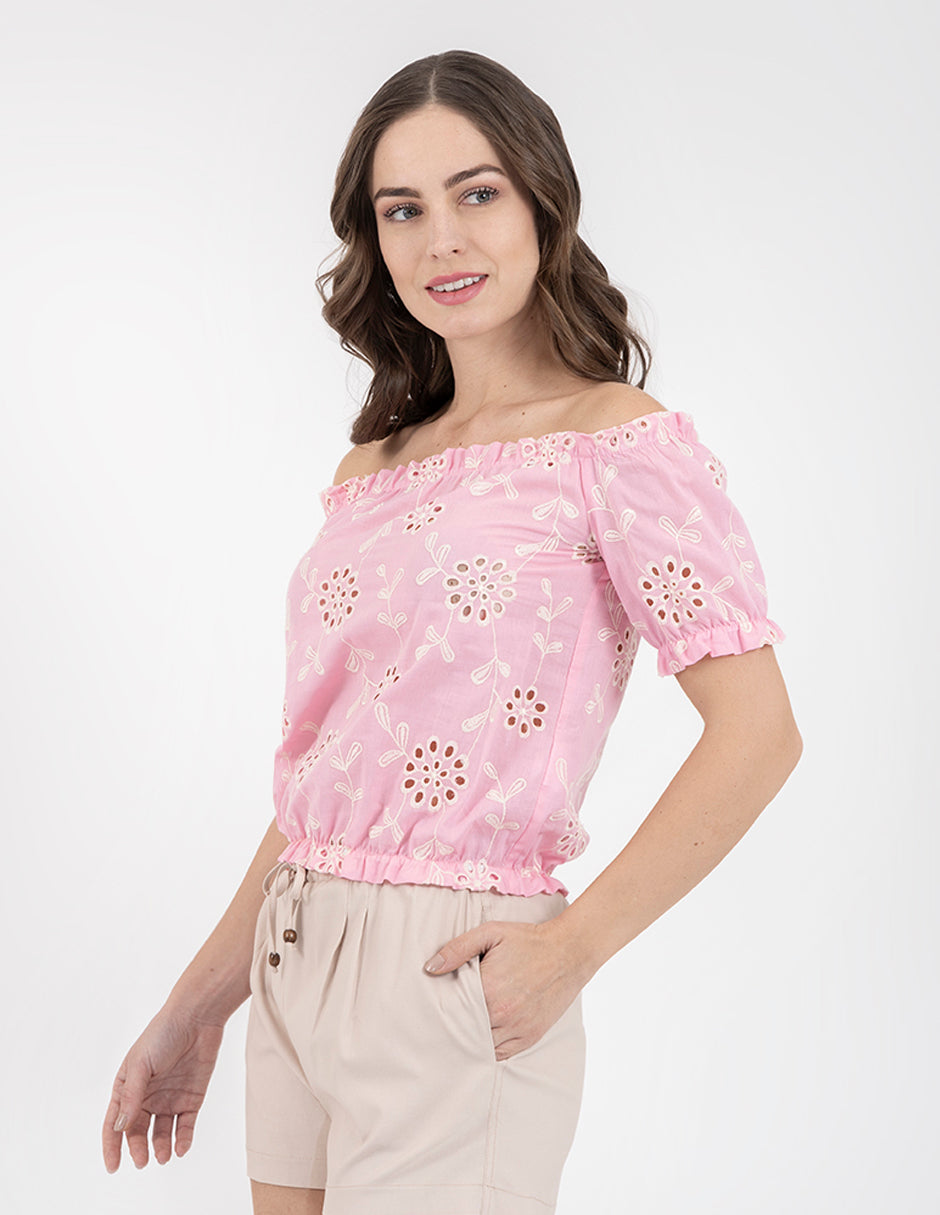 Blusa off shoulders con elástico en cintura y hombros (rosa y blanco)