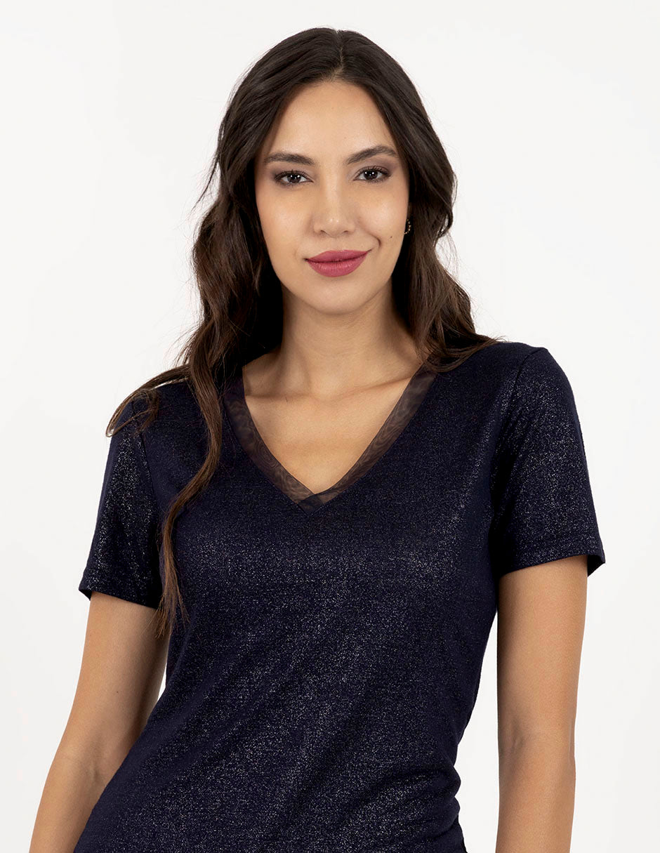 Blusa azul marino de manga corta con tejido brillante de lurex