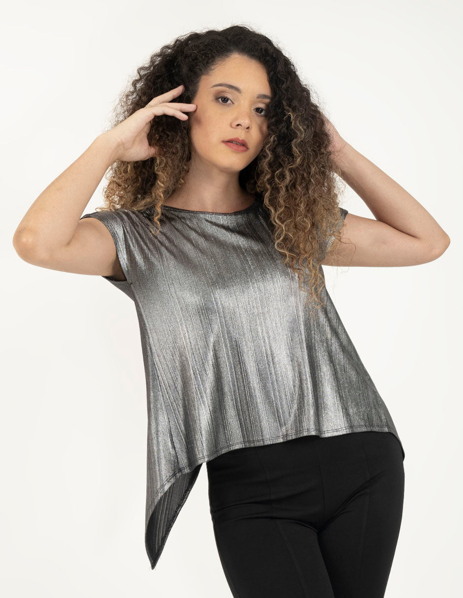 Blusa cuello redondo con detalle en tejido con fondo negro y capa de brillo plata