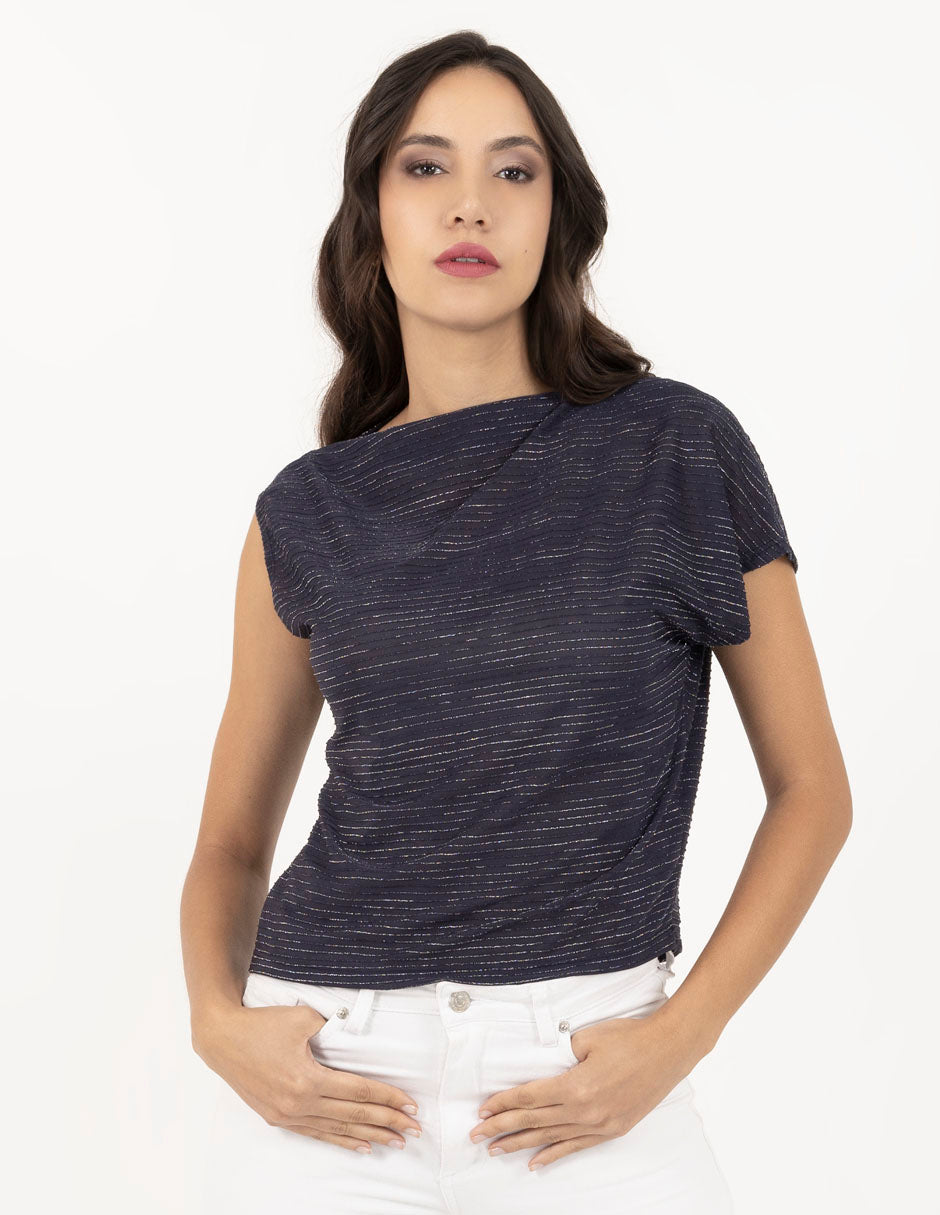 Blusa asimétrica con detalle de rayas bicolor y lurex (rosa y azul)