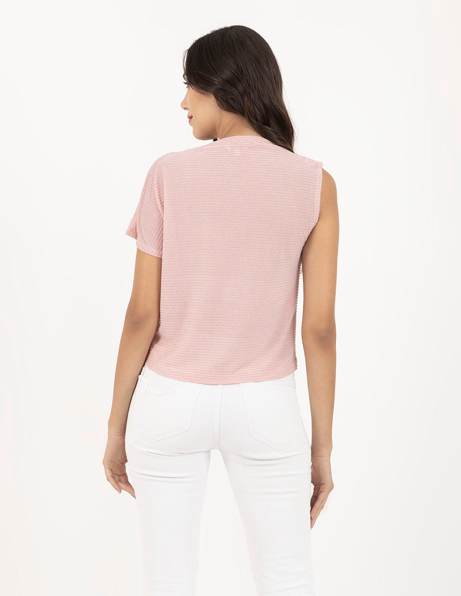 Blusa asimétrica con detalle de rayas bicolor y lurex (rosa y azul)