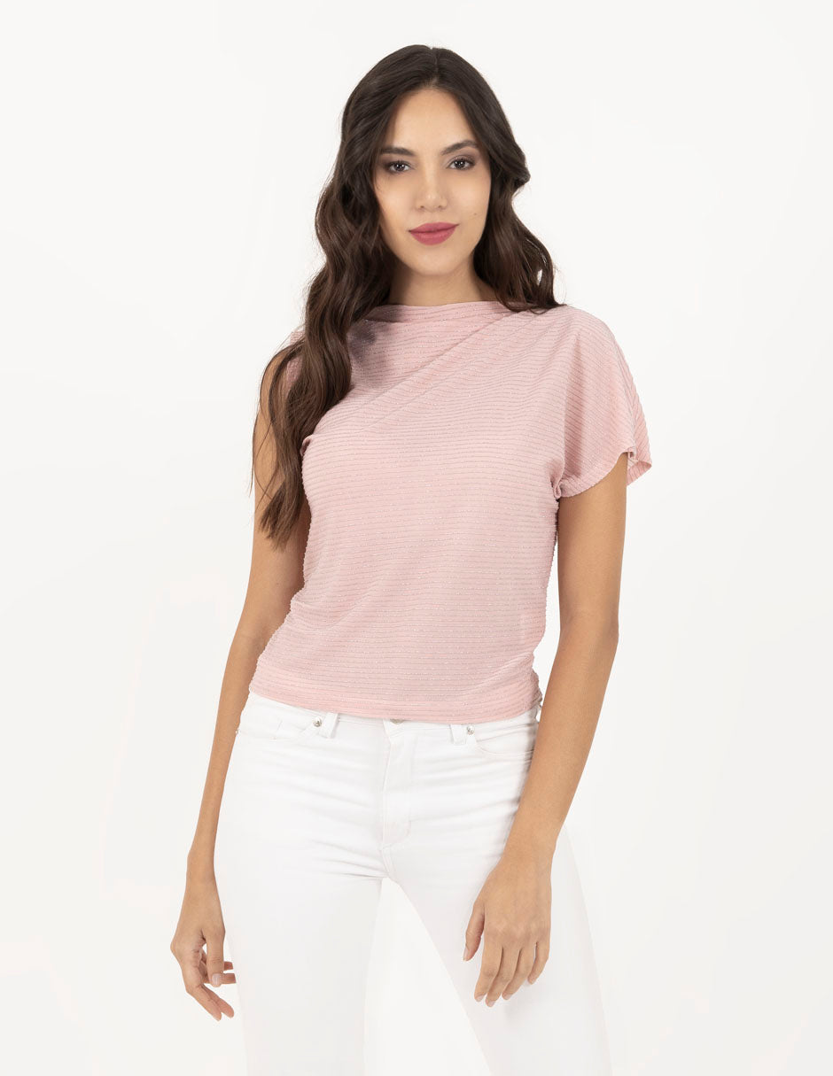 Blusa asimétrica con detalle de rayas bicolor y lurex (rosa y azul)