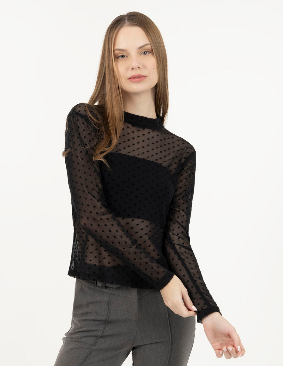 Blusa negra de mesh con lunares de cuello alto y manga larga