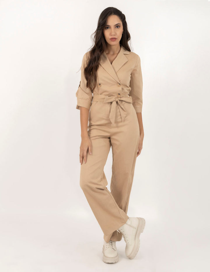 Jumpsuit largo caqui con manga larga ajustable a 3/4