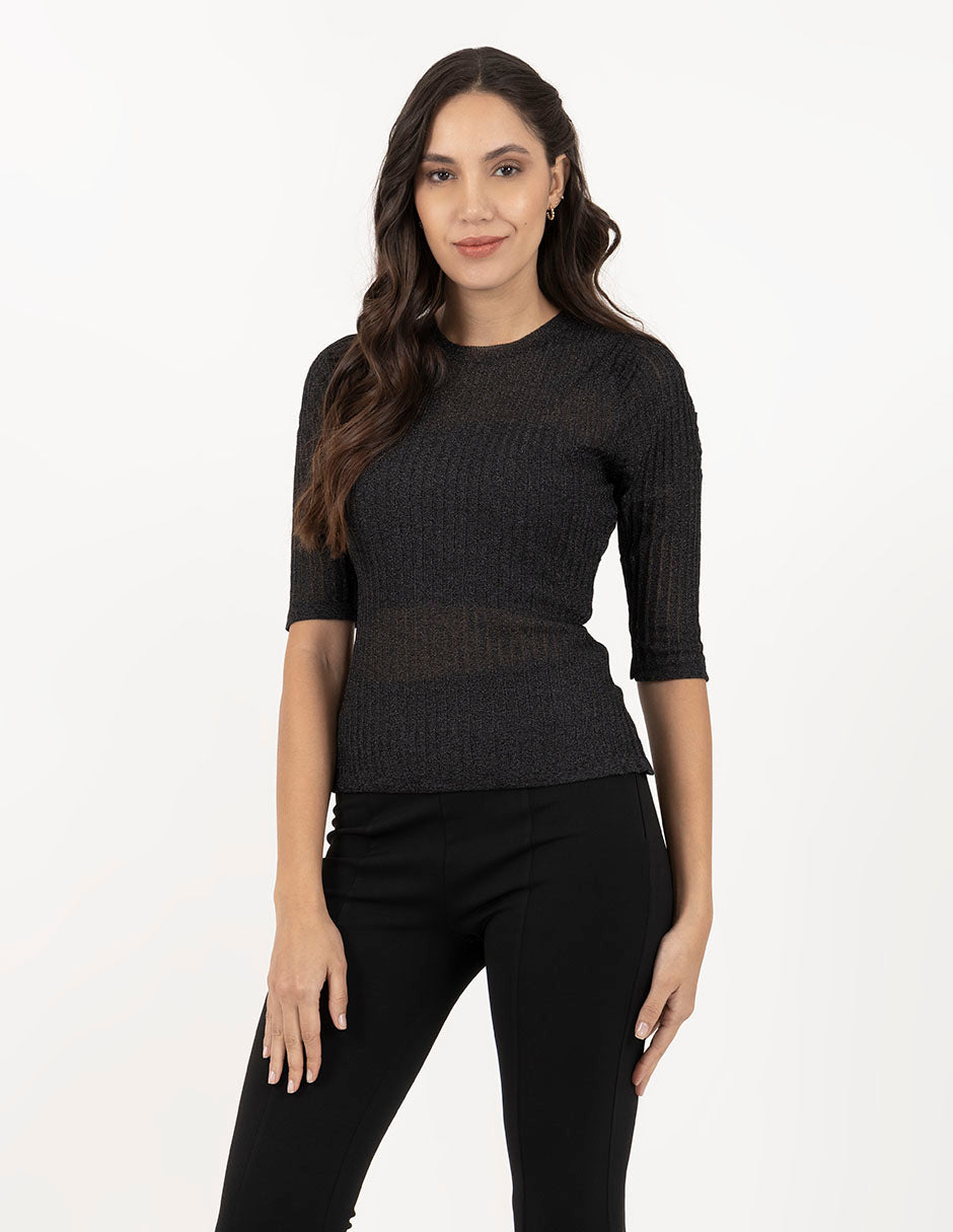 Blusa negra de rib con brillo ligero y mangas 3/4