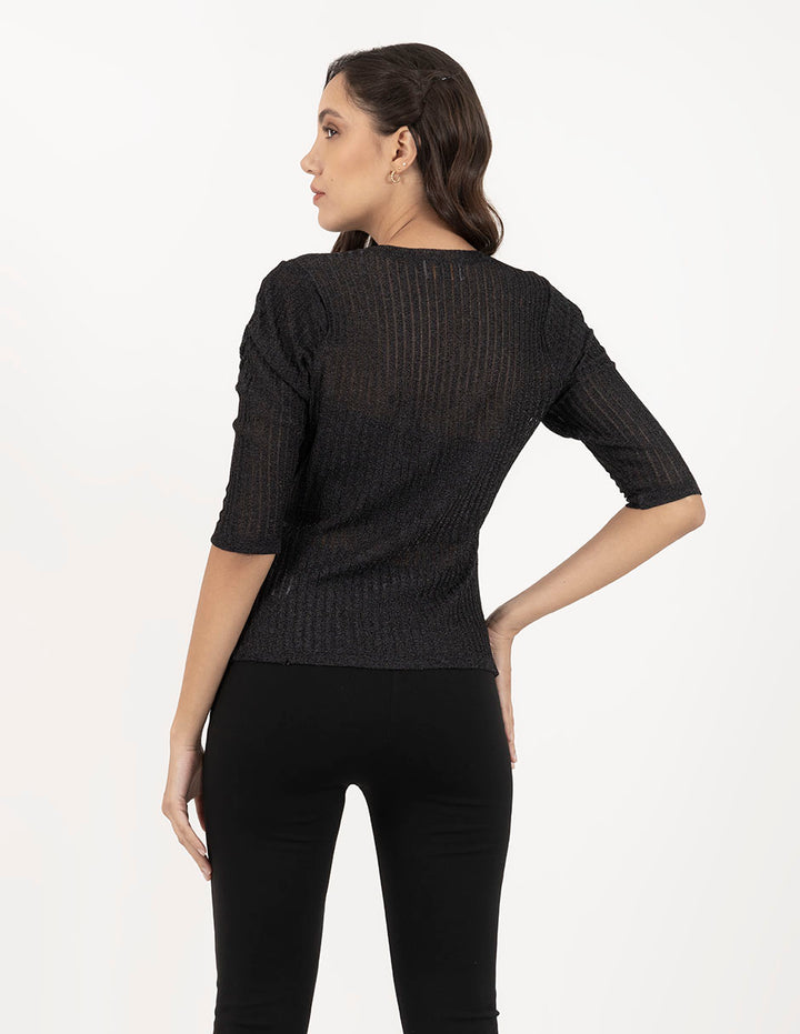 Blusa negra de rib con brillo ligero y mangas 3/4