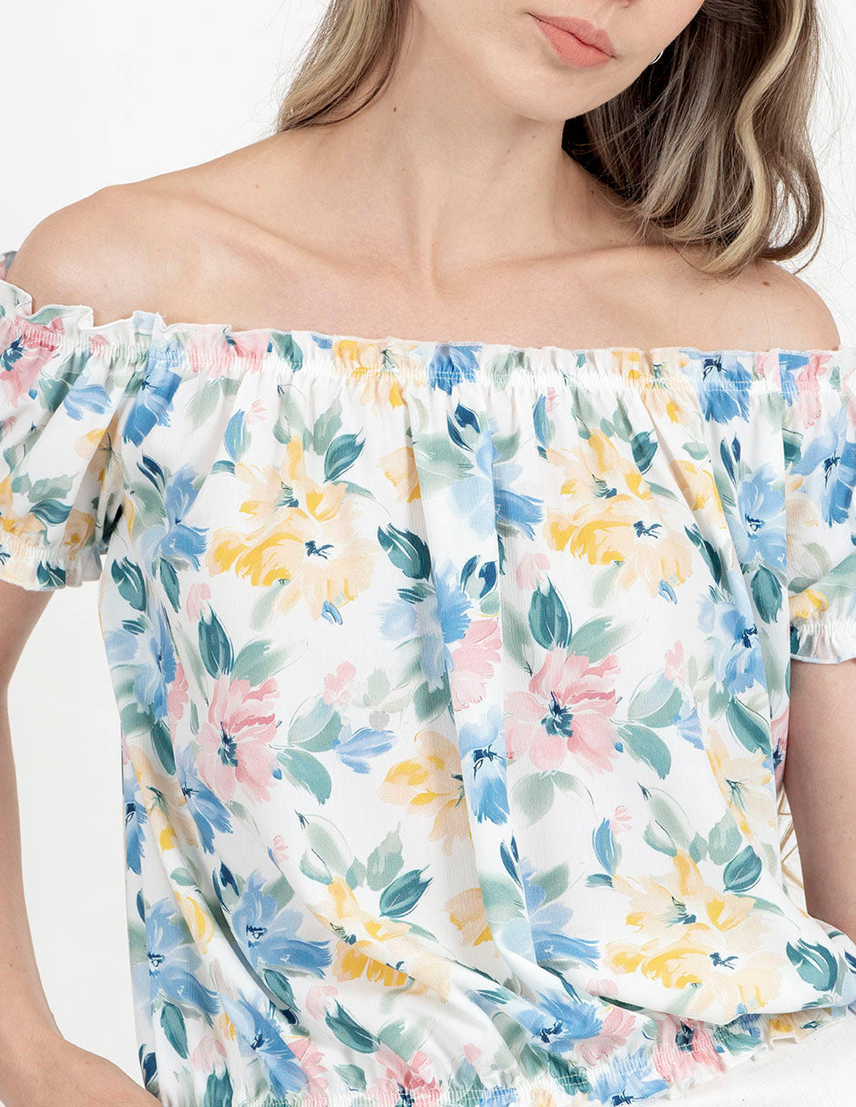 Blusa off shoulders estampada con elástico en hombros y cintura