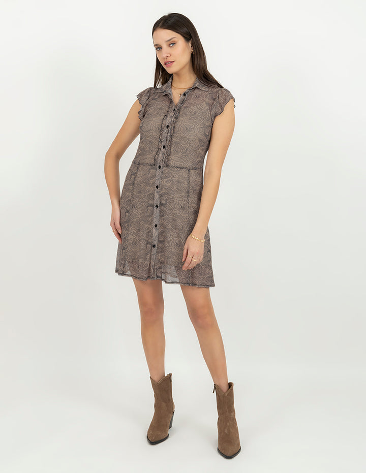 Vestido café de mesh con cuello V