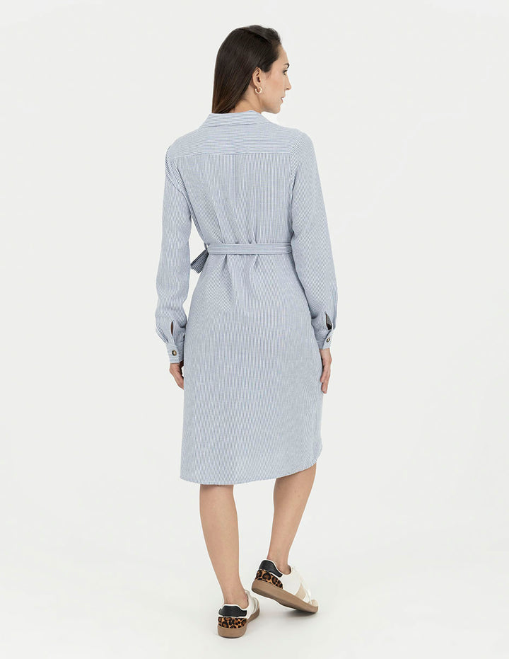Vestido azul de rayas con cruce lateral