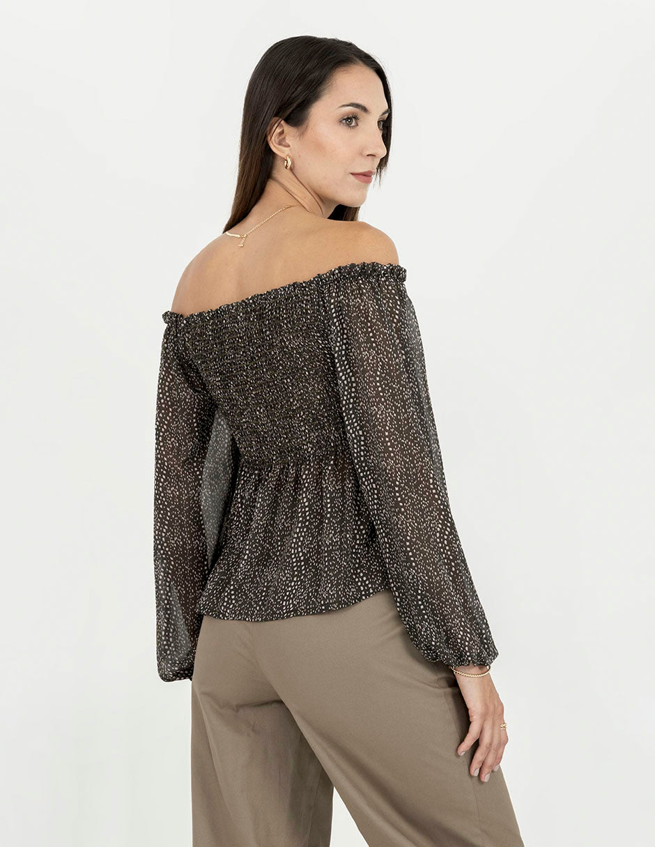 Blusa de mesh manga larga off shoulders