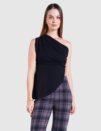 Blusa asimétrica de un sólo hombro  y detalle de hebilla (disponible en negro y fiusha)