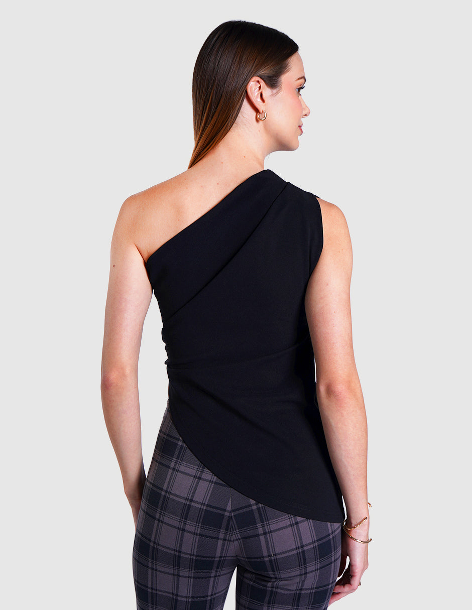 Blusa asimétrica de un sólo hombro  y detalle de hebilla (disponible en negro y fiusha)