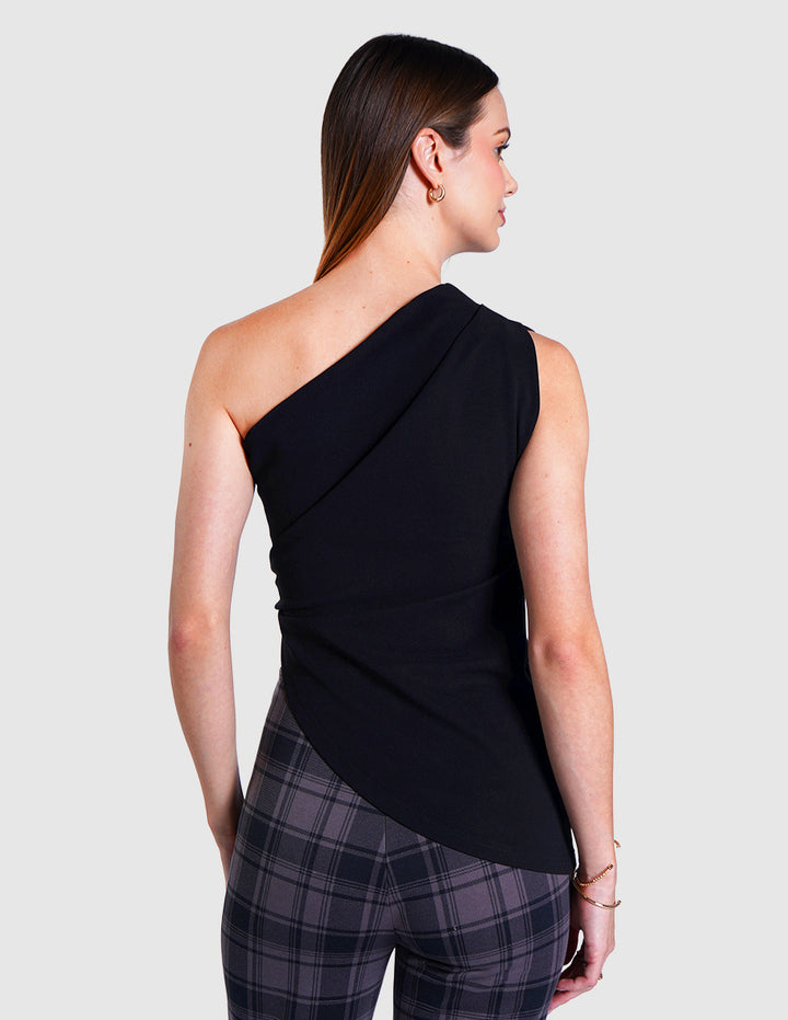 Blusa asimétrica de un sólo hombro  y detalle de hebilla (disponible en negro y fiusha)