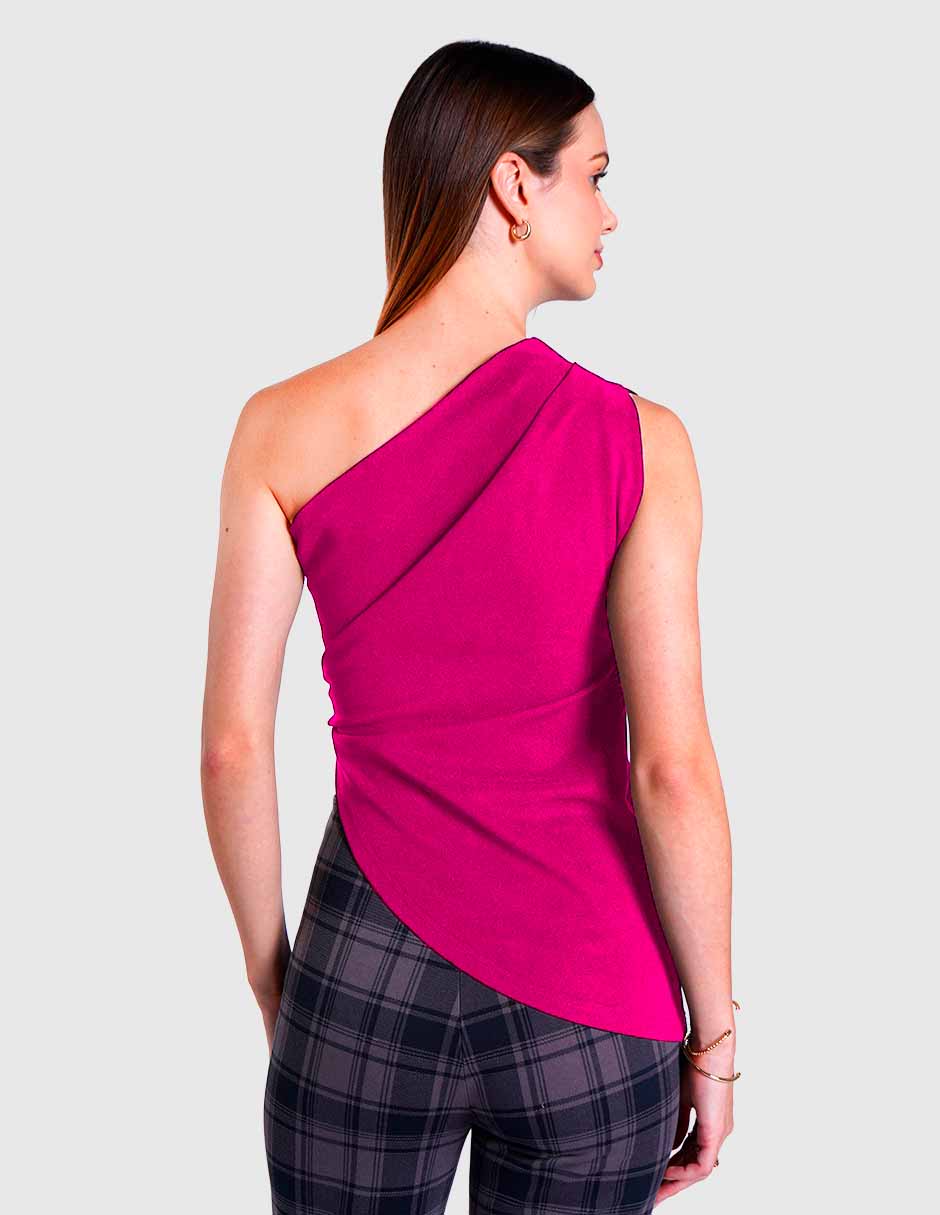 Blusa asimétrica de un sólo hombro  y detalle de hebilla (disponible en negro y fiusha)