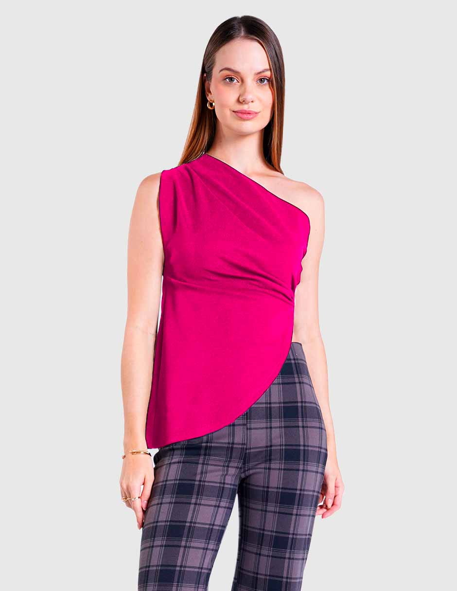 Blusa asimétrica de un sólo hombro  y detalle de hebilla (disponible en negro y fiusha)