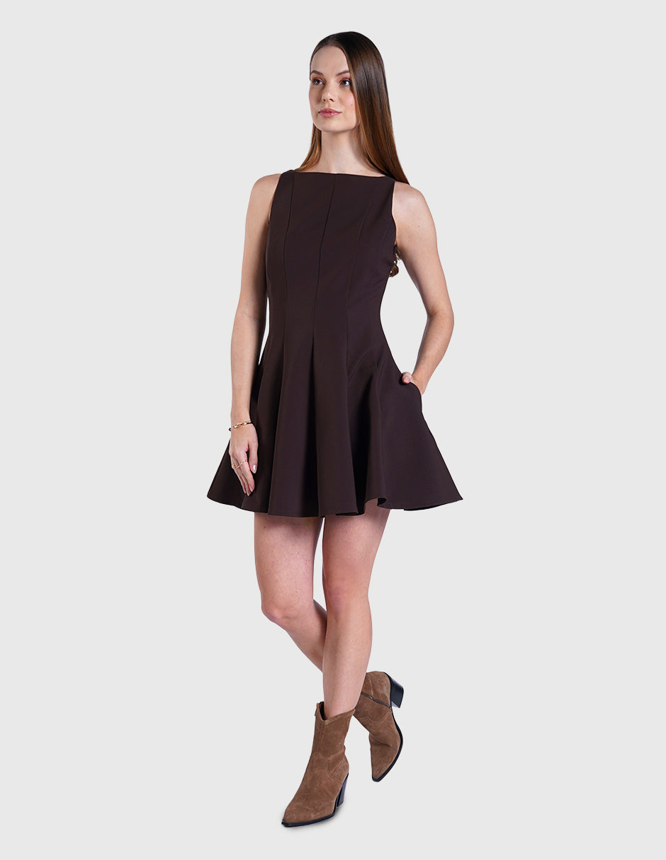Vestido café línea A sin mangas