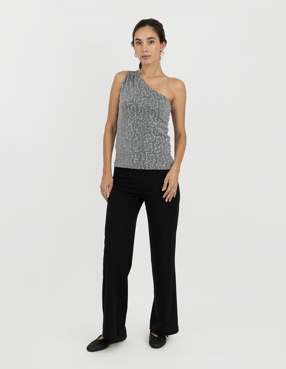 Blusa plateada asimétrica estampada con brillos