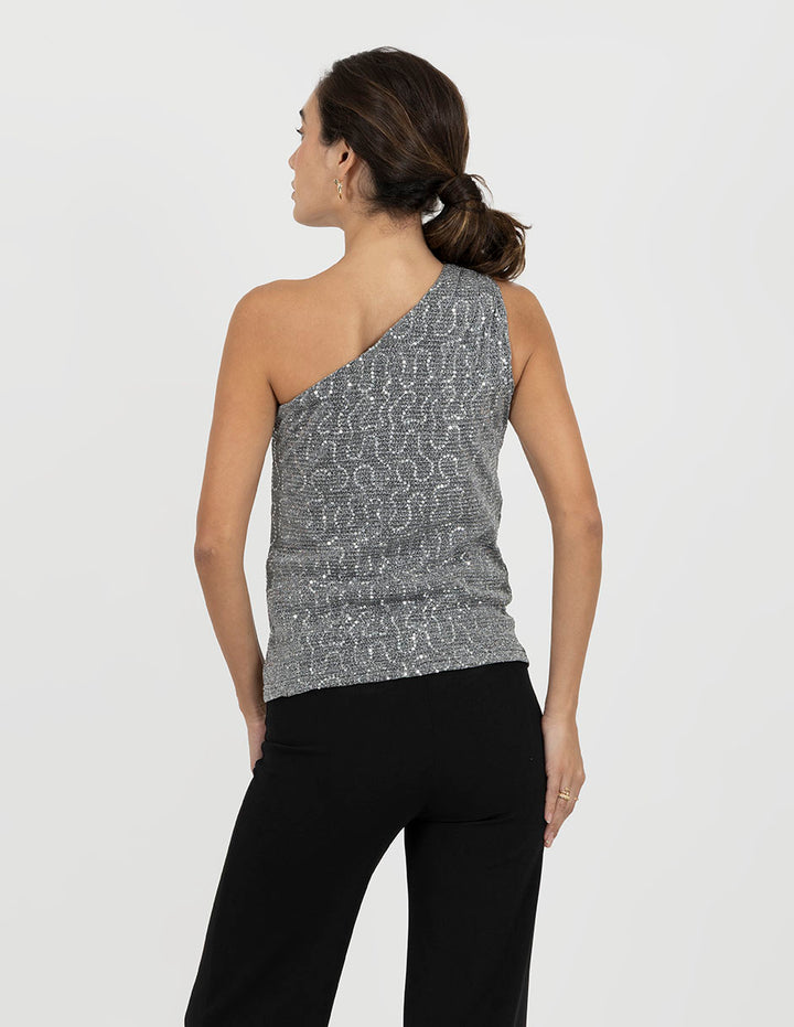 Blusa plateada asimétrica estampada con brillos