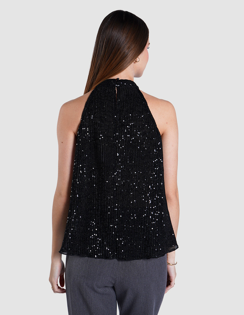 Blusa negra de cuello alto con lentejuela