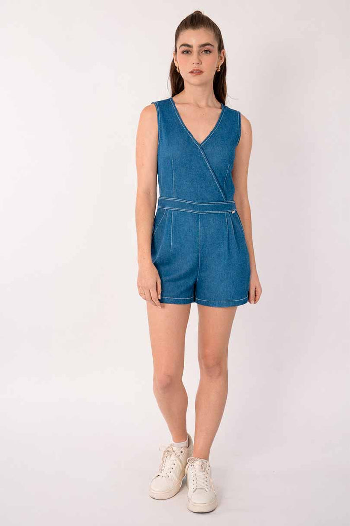 Jumpsuit corto rosa y azul demin