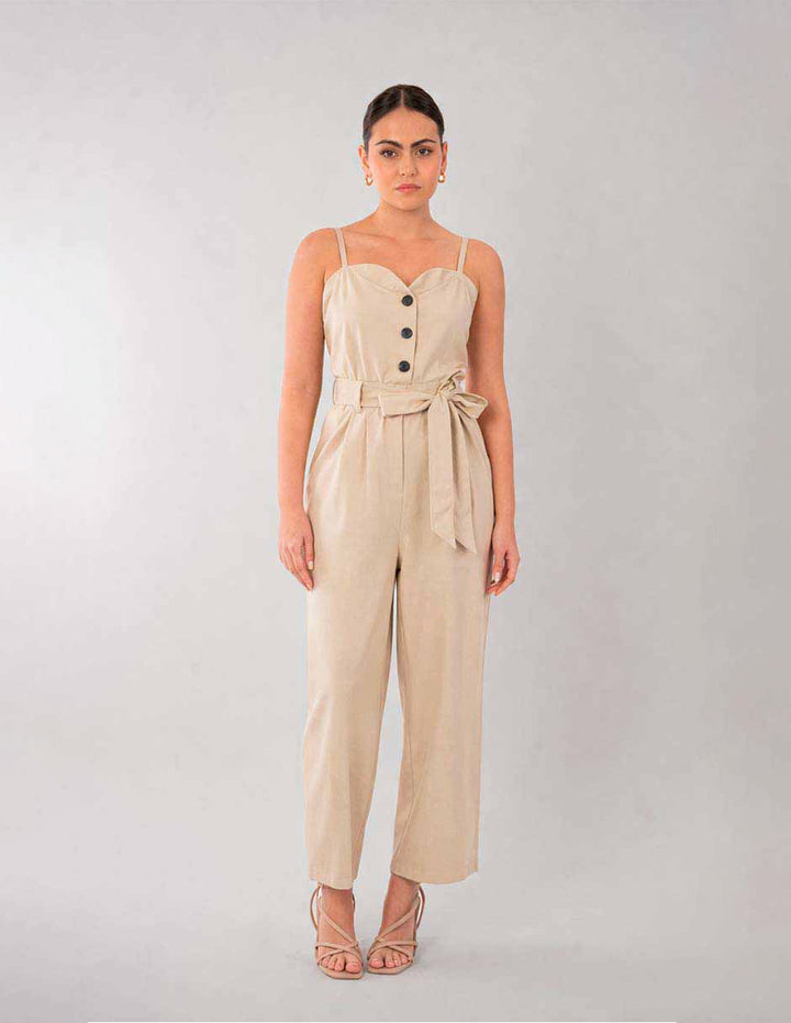 Jumpsuit largo beige con escote corazón