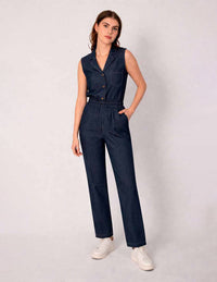 Jumpsuit largo azul y botones enfrente
