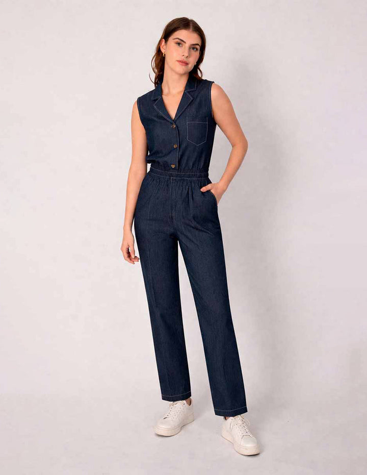 Jumpsuit largo azul y botones enfrente