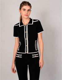 Blusa de tejido de puntoo negro con detalles blancos (Conjunto)