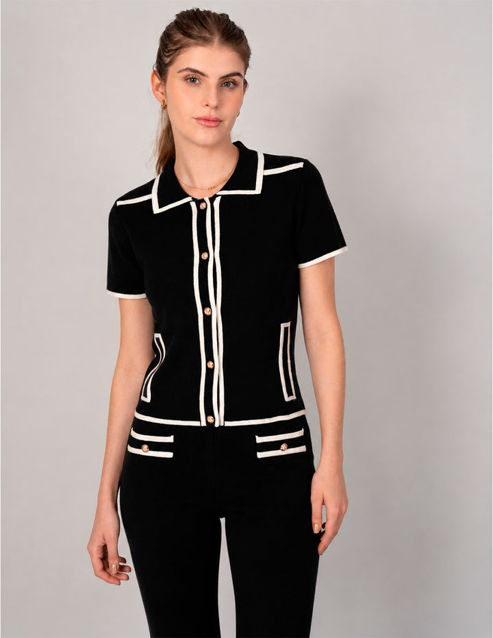 Blusa de tejido de puntoo negro con detalles blancos (Conjunto)