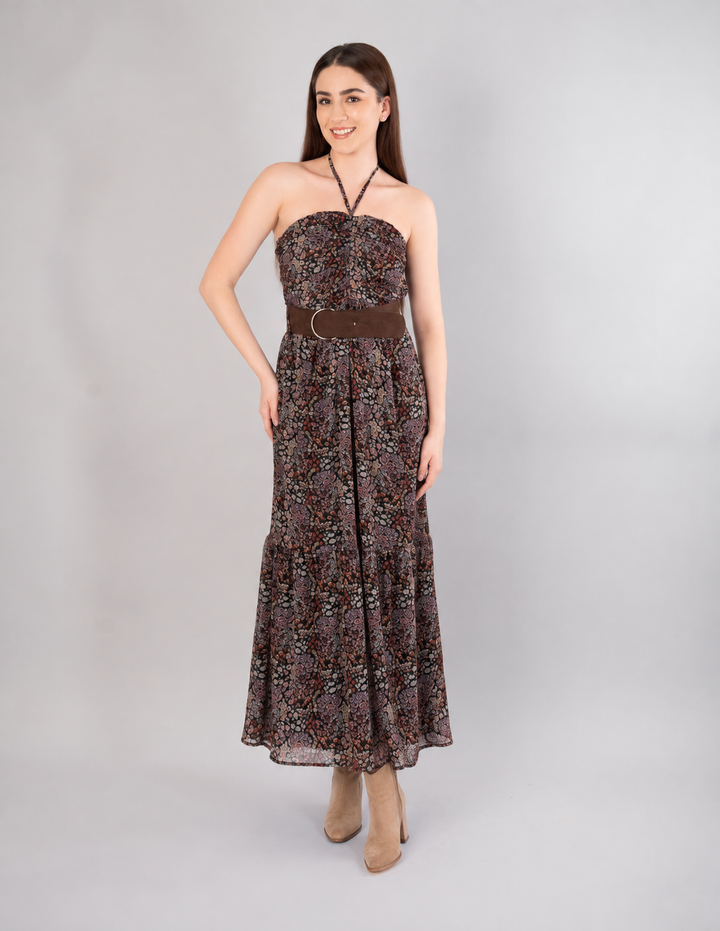 Vestido estampado café tipo halter