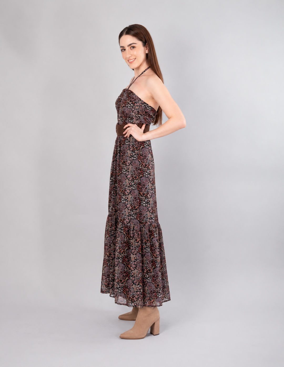 Vestido estampado café tipo halter
