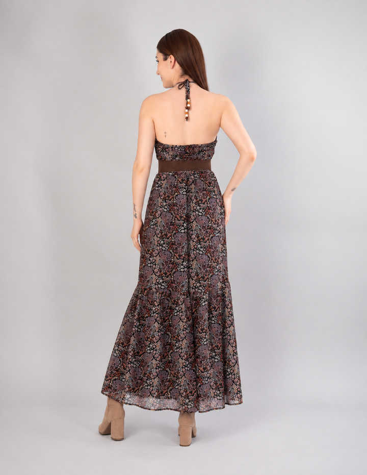 Vestido estampado café tipo halter