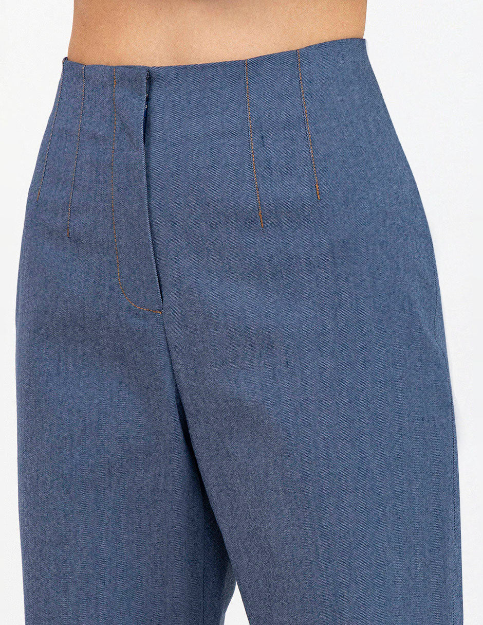 Pantalón azul  de talle alto con pinzas