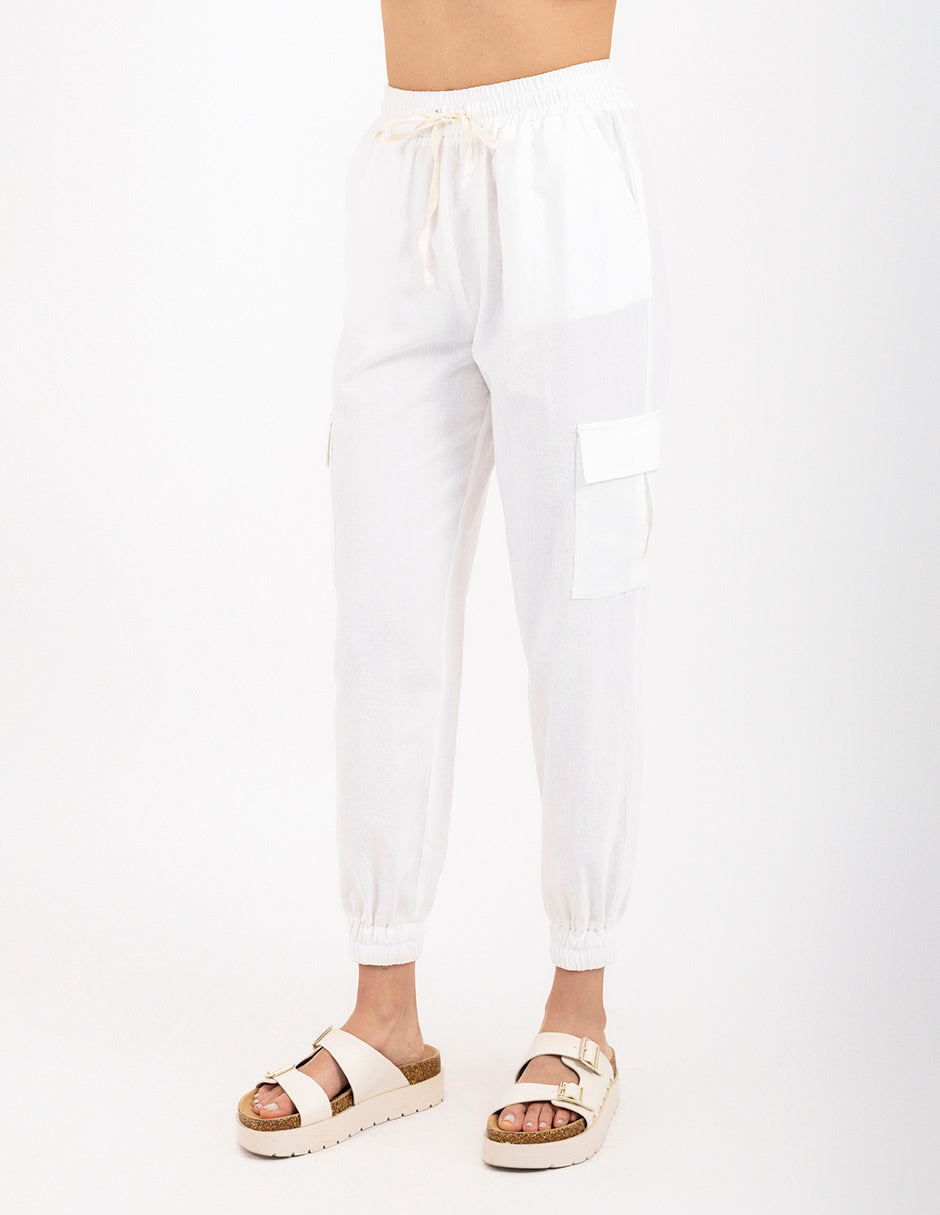 Pantalón de lino con bolsas laterales (disponible en blanco y beige)