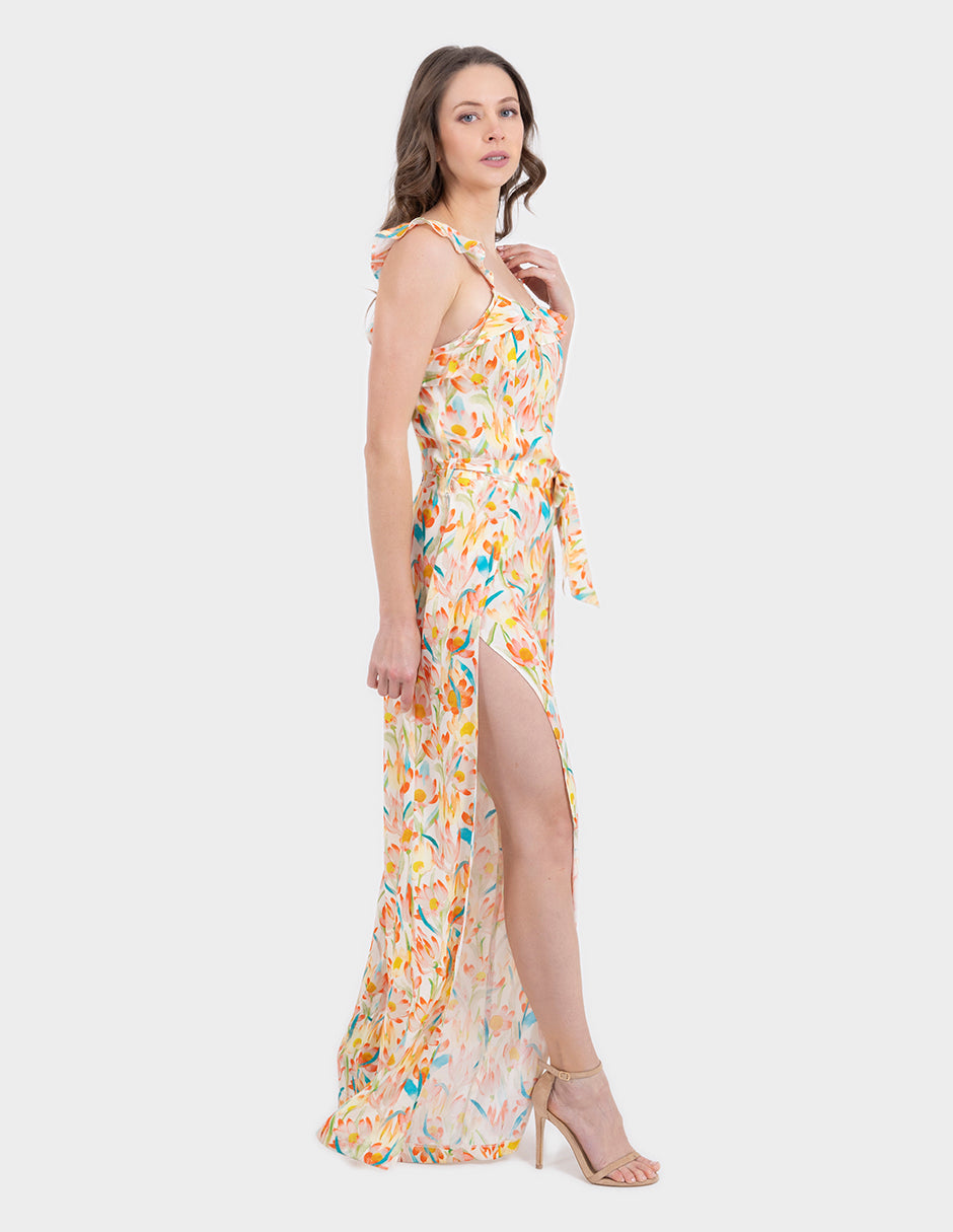 Jumpsuit floral largo con tirantes de escarola y cinta de nudo