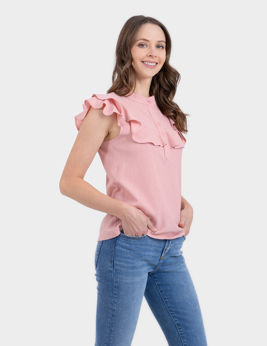 Blusa con manga de escarolas disponible en palo de rosa y blanco