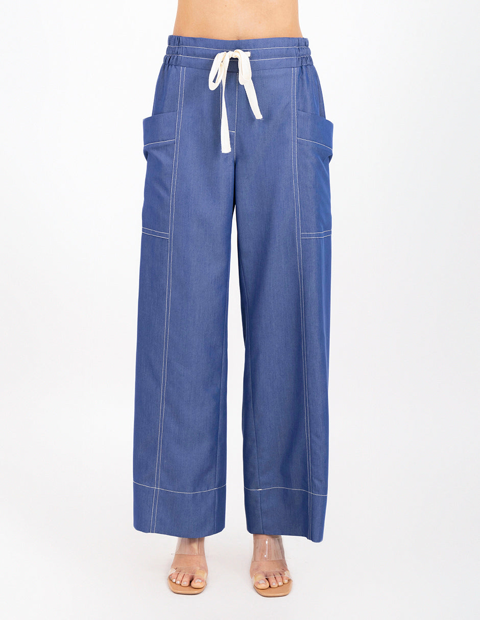 Pantalón azul relajado con cinta de lino