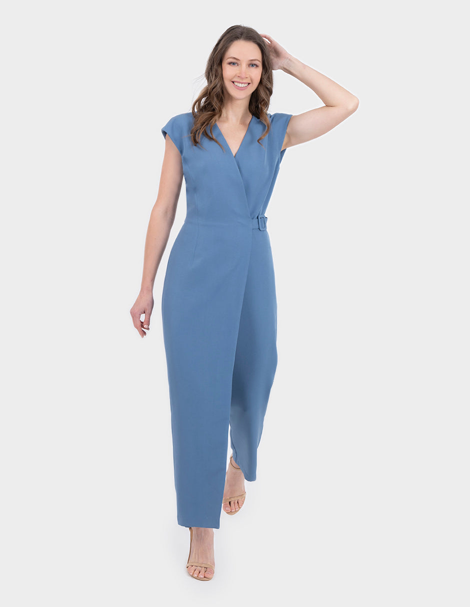 Jumpsuit  azul largo con cruce en pierna y cinta para ajuste