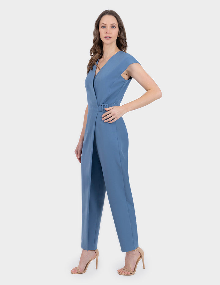 Jumpsuit  azul largo con cruce en pierna y cinta para ajuste