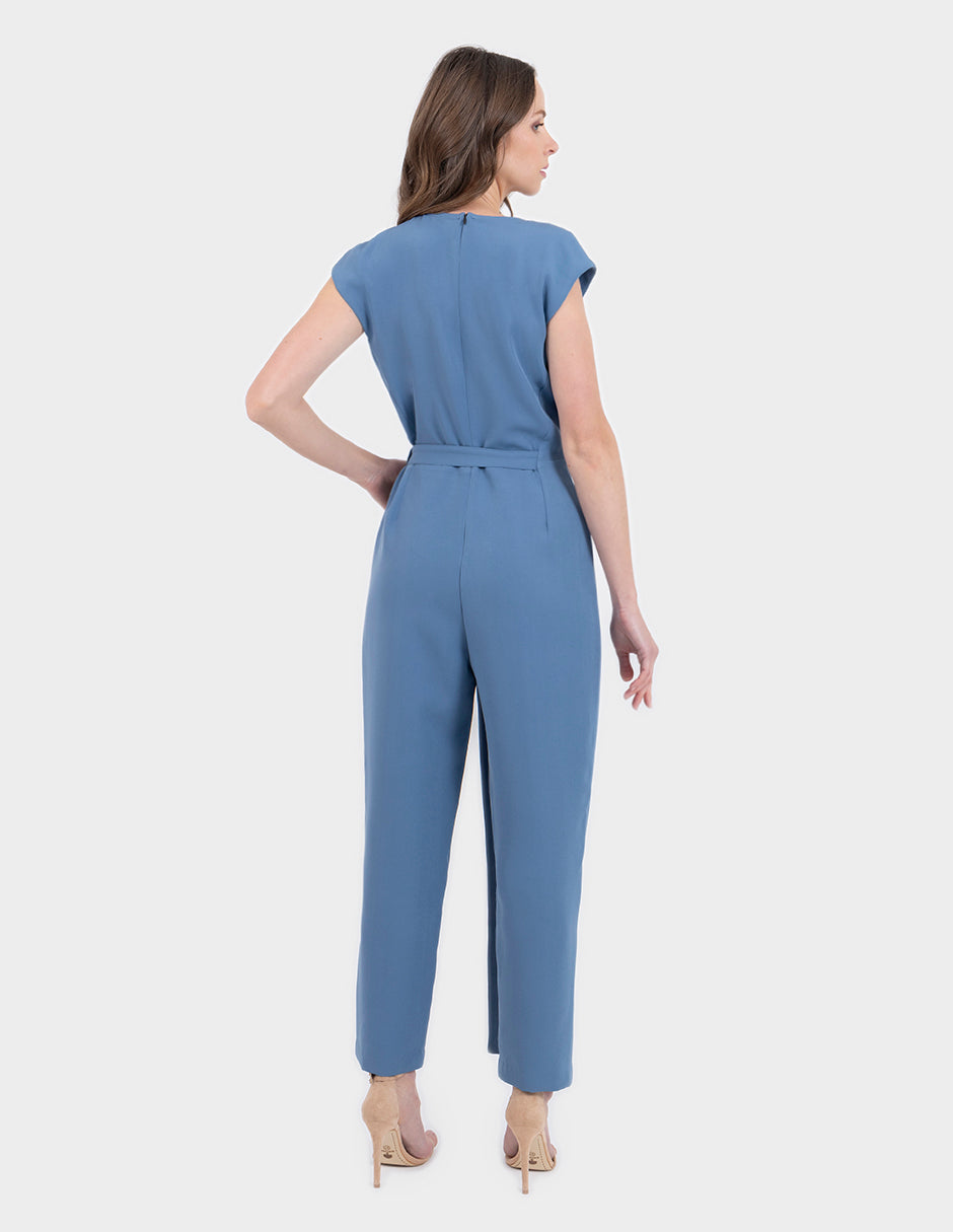 Jumpsuit  azul largo con cruce en pierna y cinta para ajuste