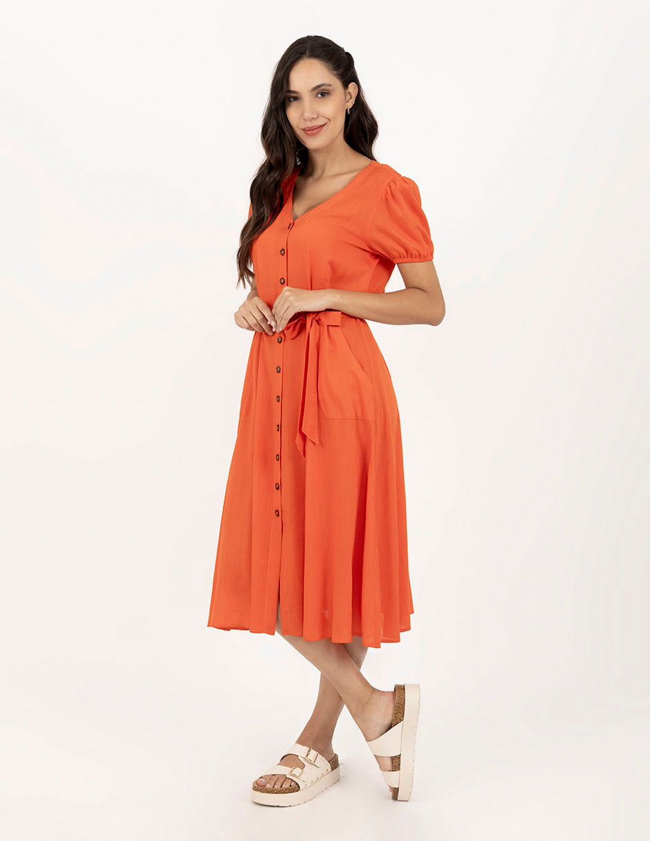 Vestido naranja  escote V con botones