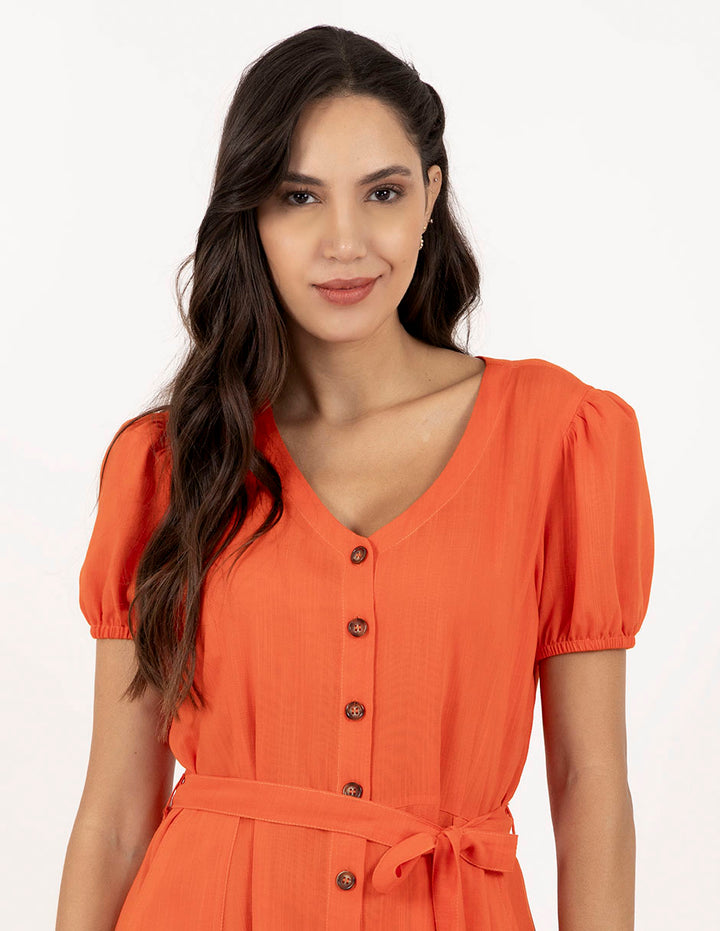 Vestido naranja  escote V con botones