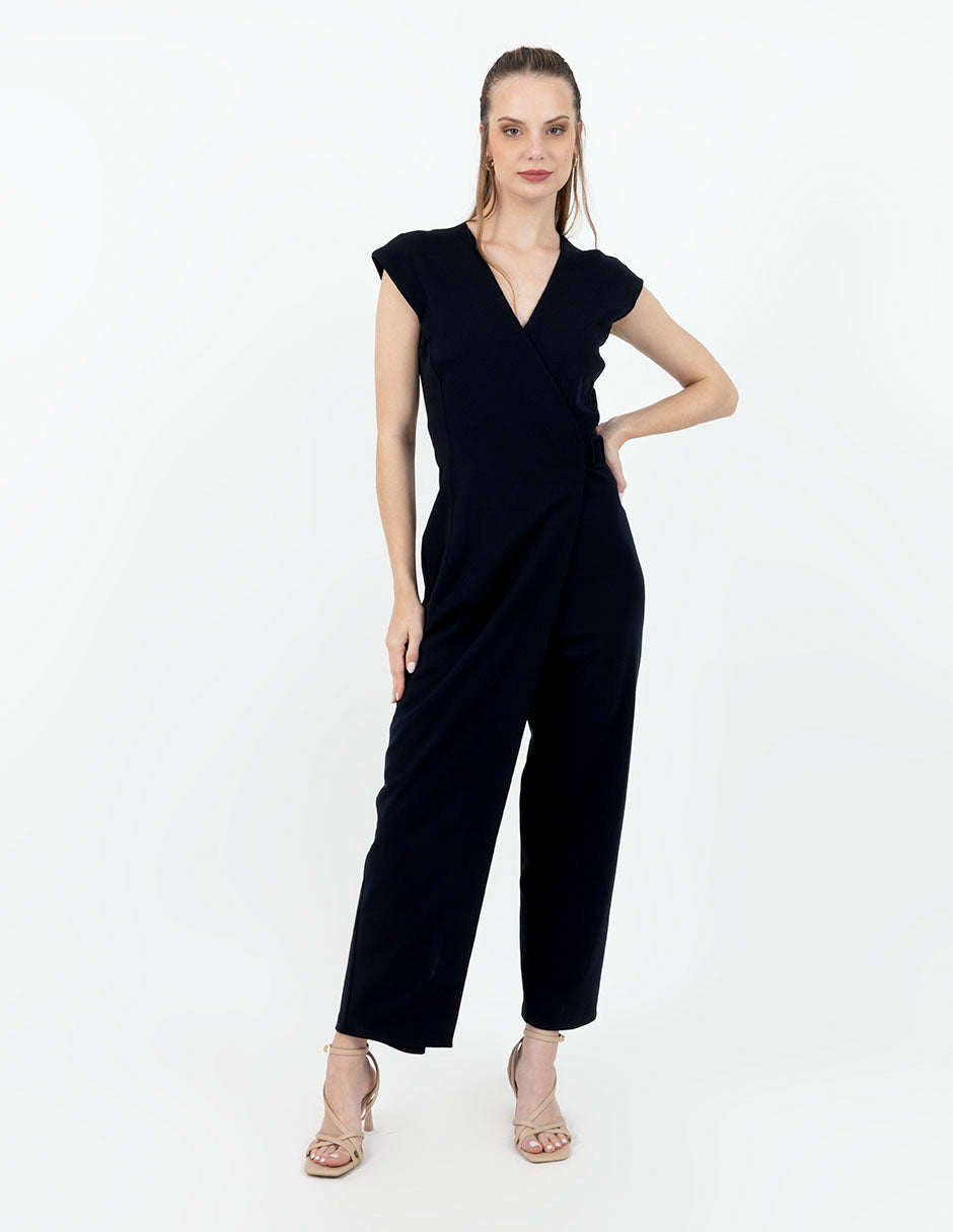 Jumpsuit elegante con cruce en pierna y cinta para ajuste rojo y marino